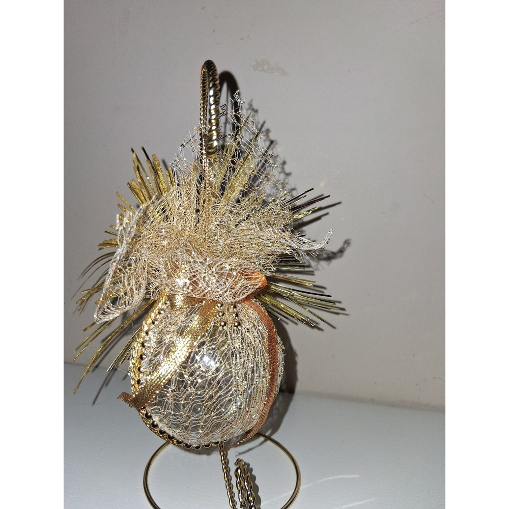 Vintage 3.25" Glass Christmas Ornament Gold Mesh Ribbon Starburst Bulb